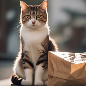 AI image of a tabby cat standing by a paper bag